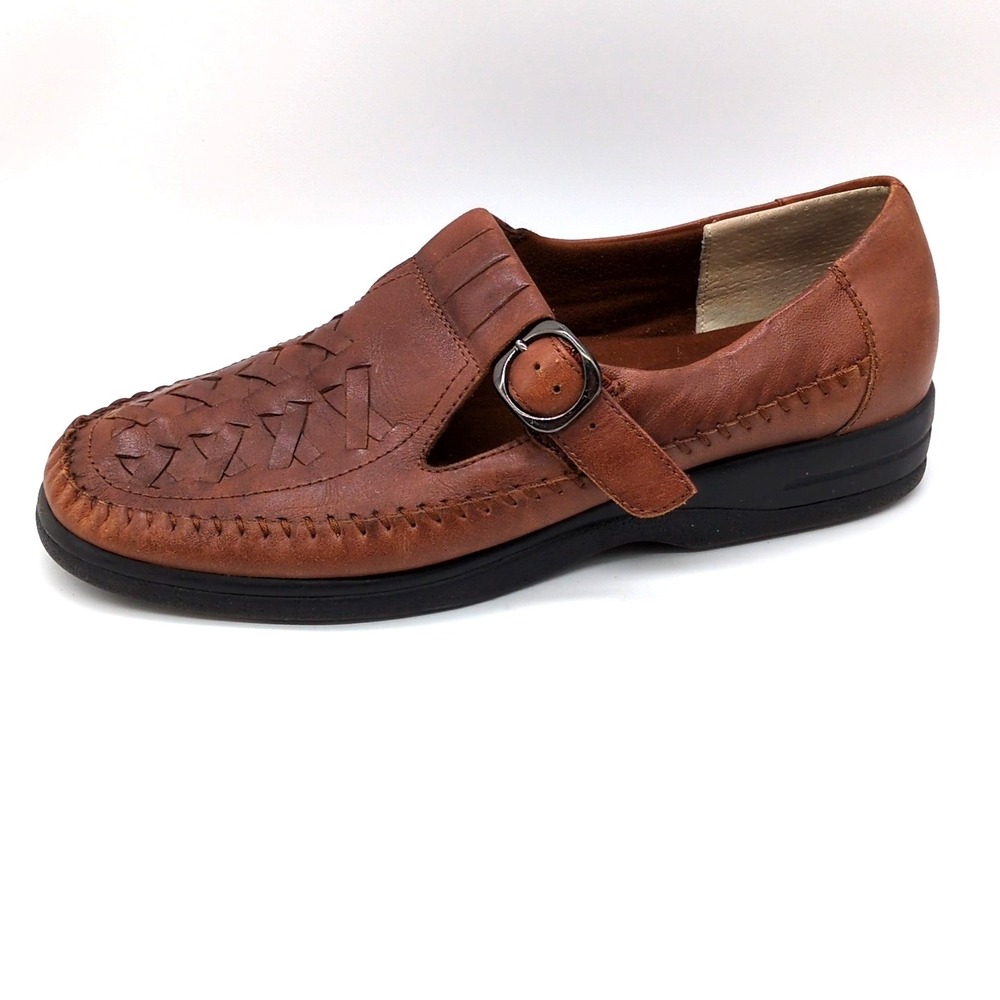 Life Stride Brown Leather Woven Mary Jane Loafers